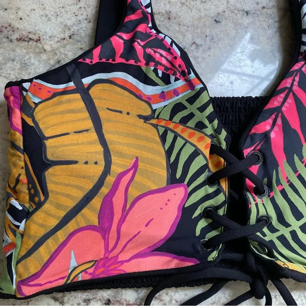 Maaji $79 Hat Black Dazzling Reversible Lace Up Bikini Top sz SMALL